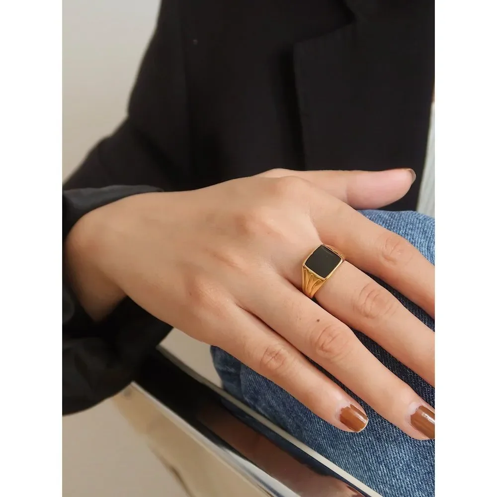 18K Gold Plated Statement Unisex Black Spinel Signet Ring